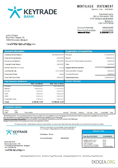 Belgique Relevé hypothécaire de la banque Keytrade scr